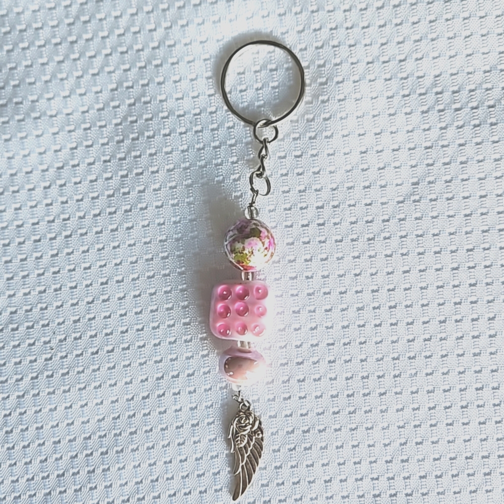 Hand Crafted Pink Beaded Angel Wing Keychain Keyring